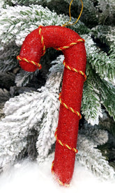 Baston decorativ Crăciun roșu cu sclipici și șnur auriu – 16cm 10/set